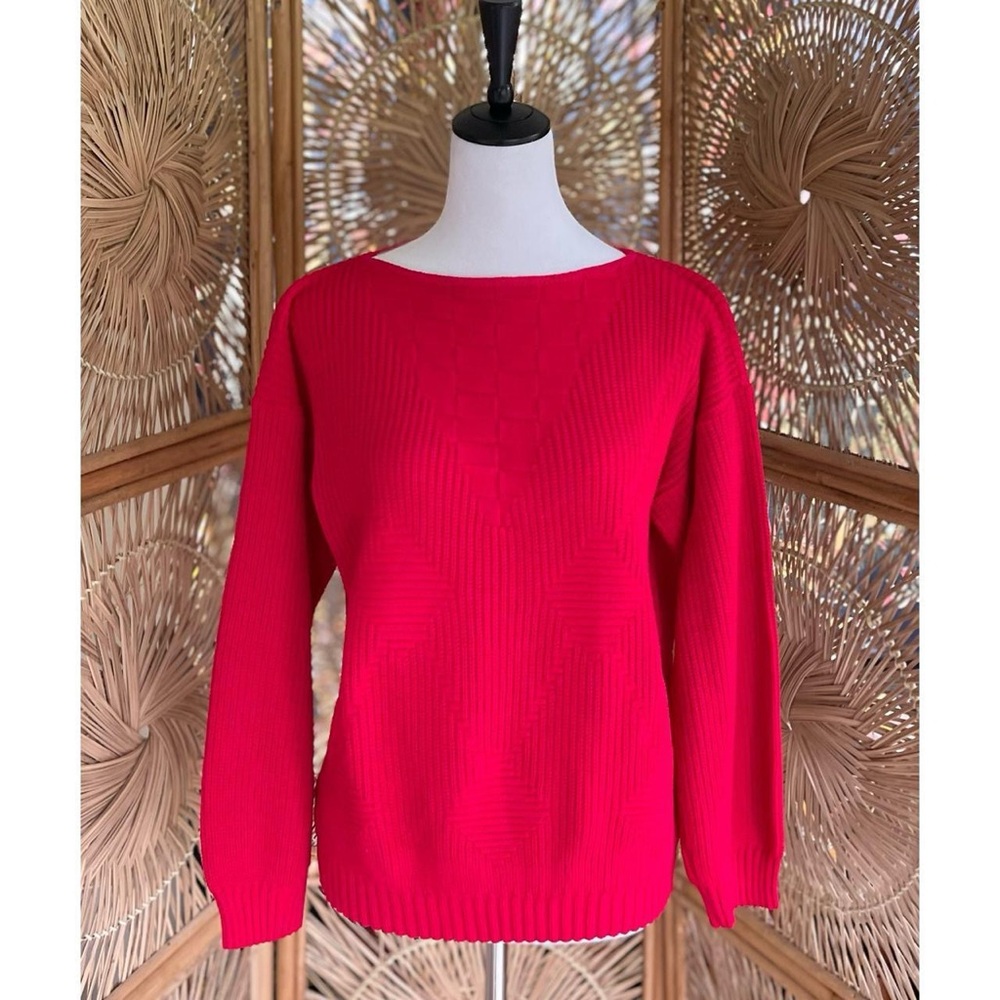Vintage Kenneth Too Red Geometric Knit Boat Neck Sweater - Picture 2 of 6